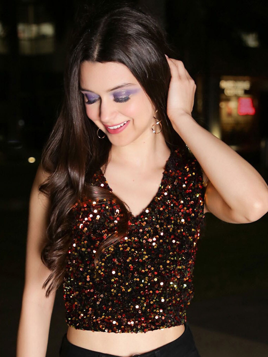

Sera Embellished V-Neck Sleeveless Sequined Top, Black