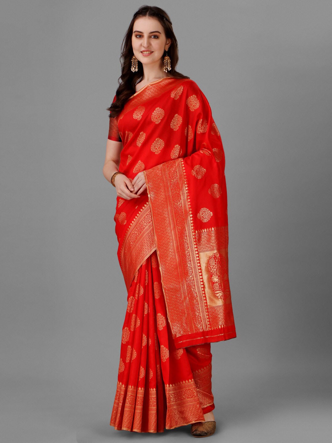 

Shiv Textiles Ethnic Motifs Woven Design Zari Banarasi Saree, Red