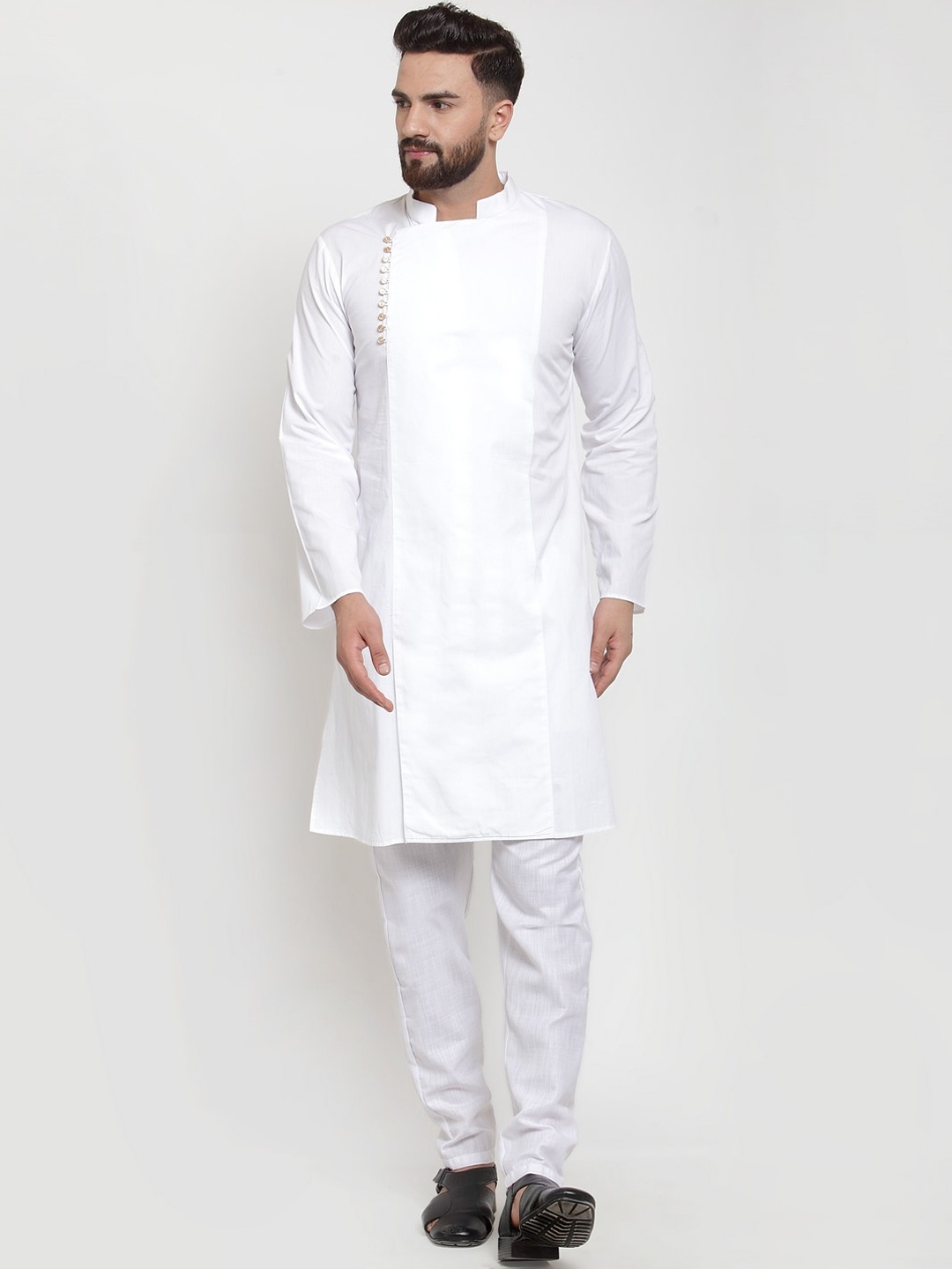 

Purple State Mandarin Collar Pure Cotton Angrakha Kurta, White