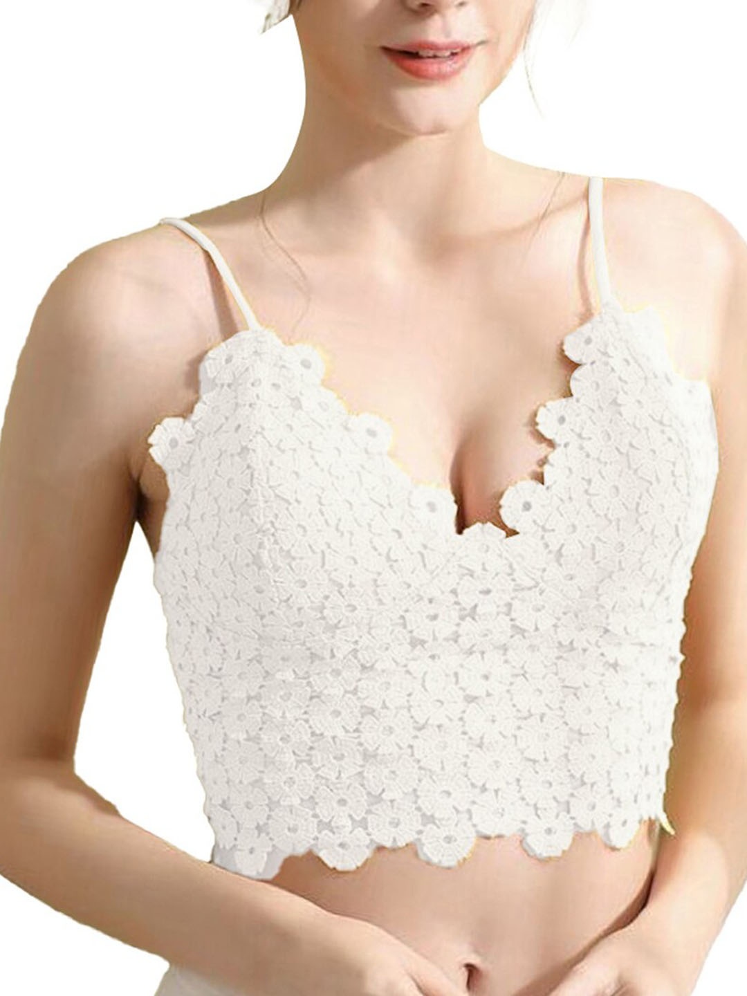 

FIMBUL Floral Styled Back Lightly Padded Full Coverage Lace Bralette Bra, White