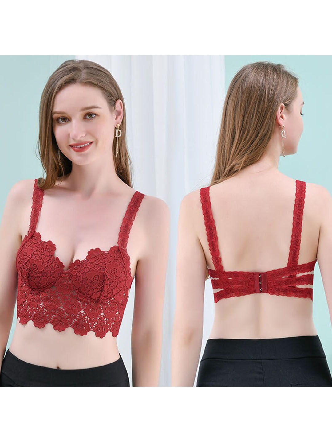 

FIMBUL Floral Lightly Padded Non-Wired Wirefree Breathable Bralette Bra, Red