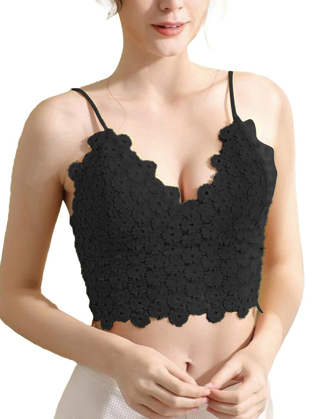 

FIMBUL Floral Bralette Lightly Padded Styled Back Seamless Seamless Bra, Black