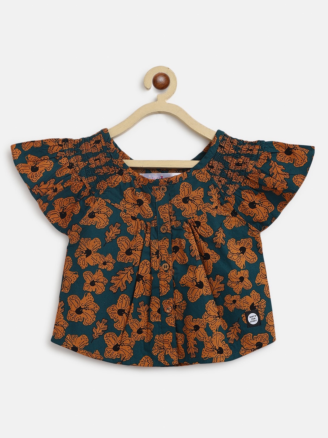 

TALES & STORIES Girls Round Neck Floral Printed Cotton Top, Khaki