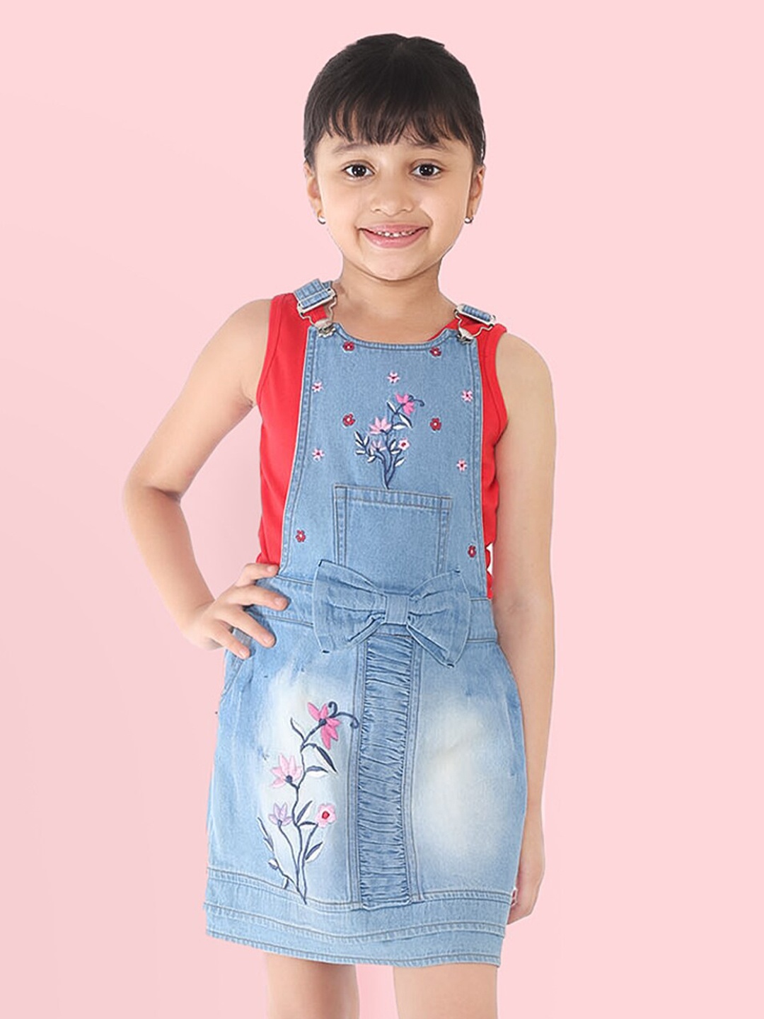 

Naughty Ninos Girls Floral Embroidered Bow Detail Denim Pinafore Dress, Blue