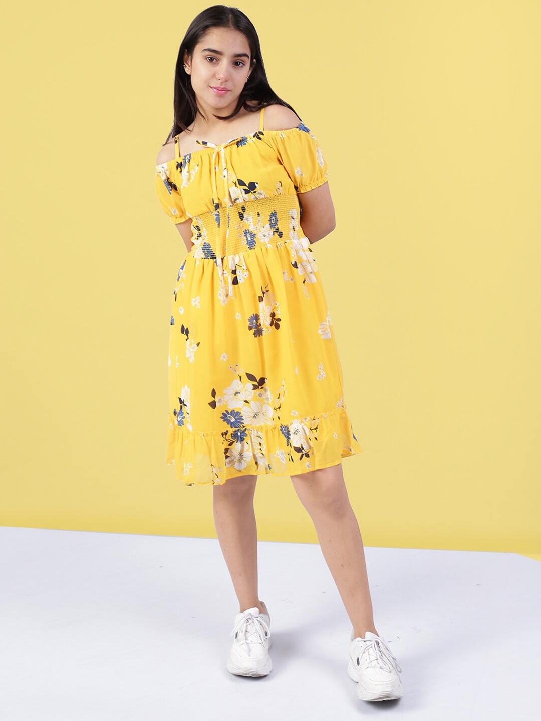 

Naughty Ninos Girls Floral Printed Smocked Fit & Flare Dress, Yellow