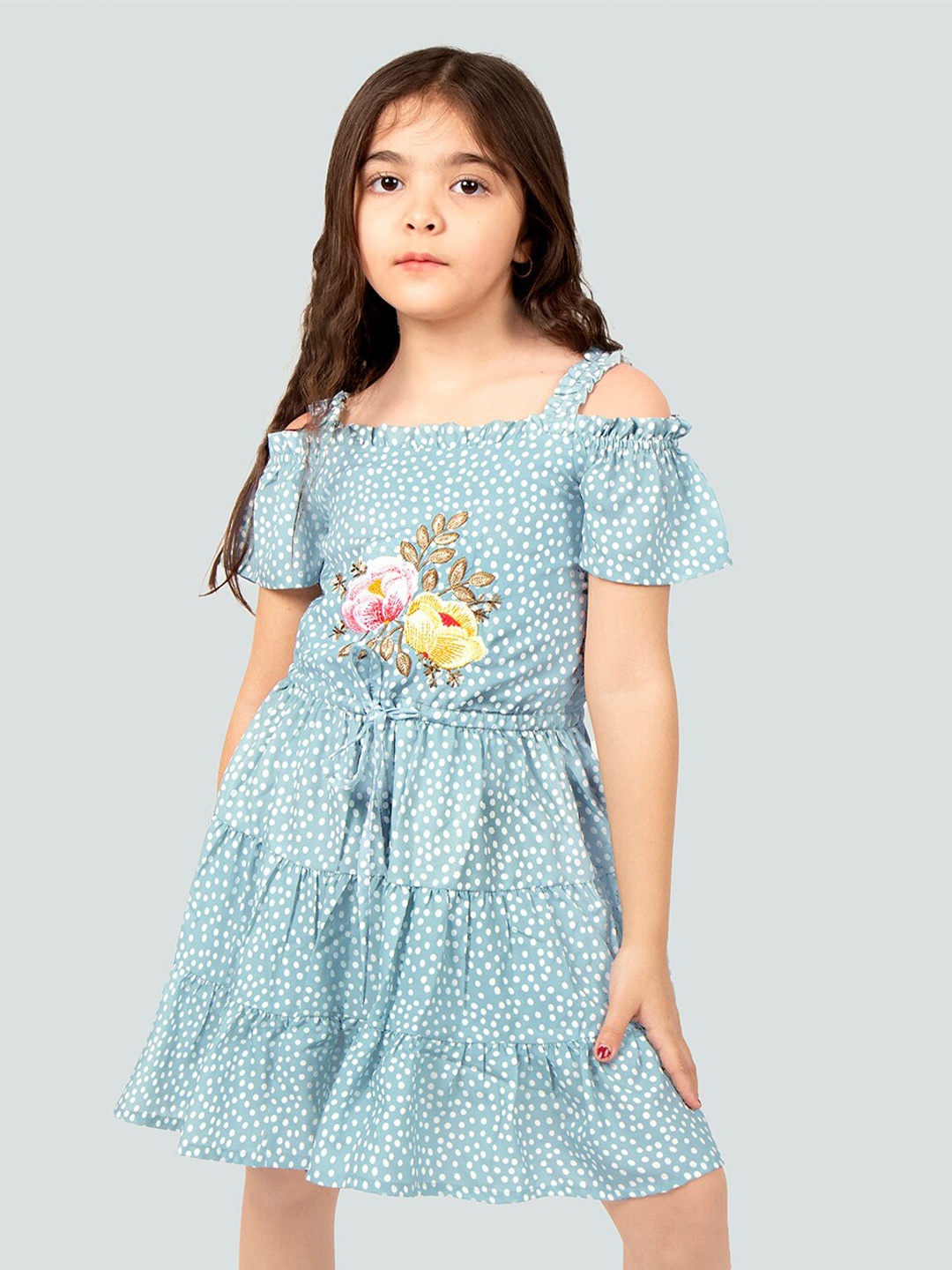 

Naughty Ninos Girls Polka Dot Embroidered Off Shoulder Layered Dress, Blue