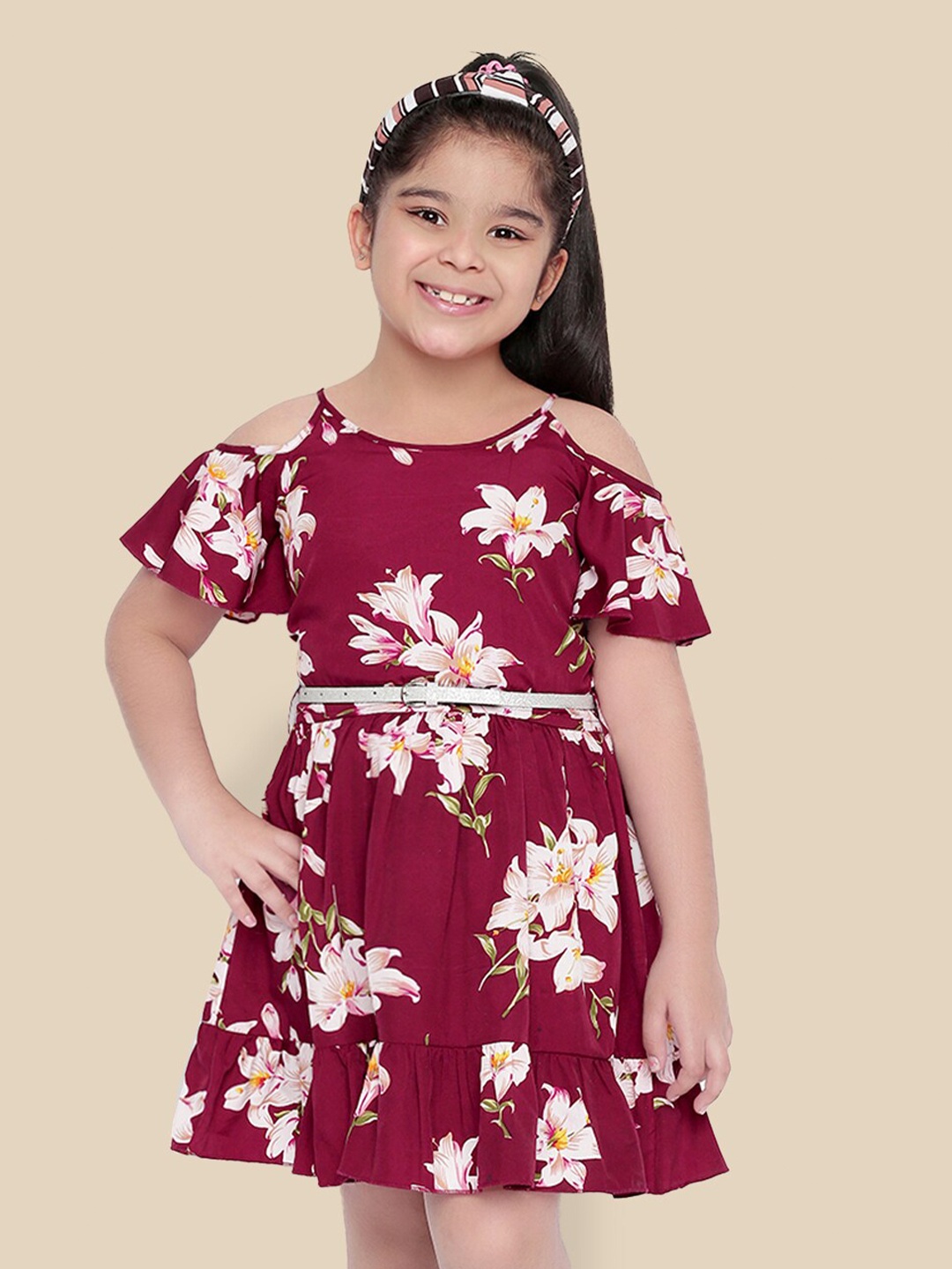 

Naughty Ninos Girls Floral Cold-Shoulder Belted Dress, Maroon