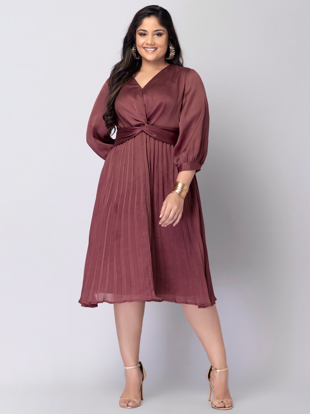 

FabAlley Curve V-Neck Accordion Pleats Fit & Flare Midi Dress, Maroon