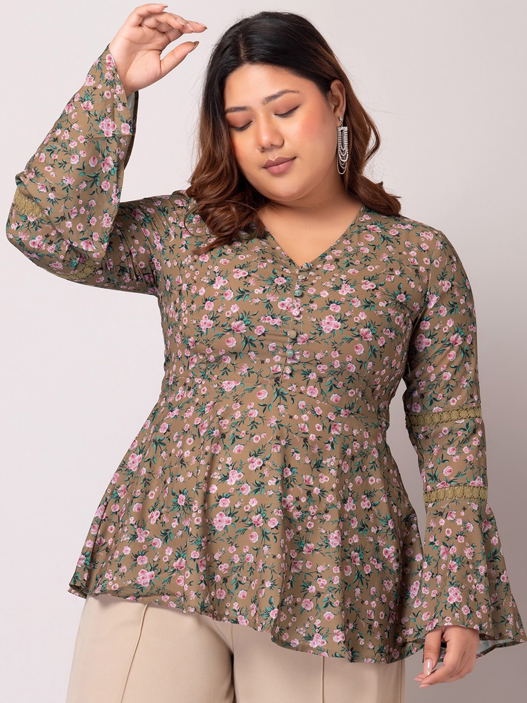 

FabAlley Curve Plus Size V-Neck Bell Sleeves Floral Printed Crepe Peplum Top, Olive