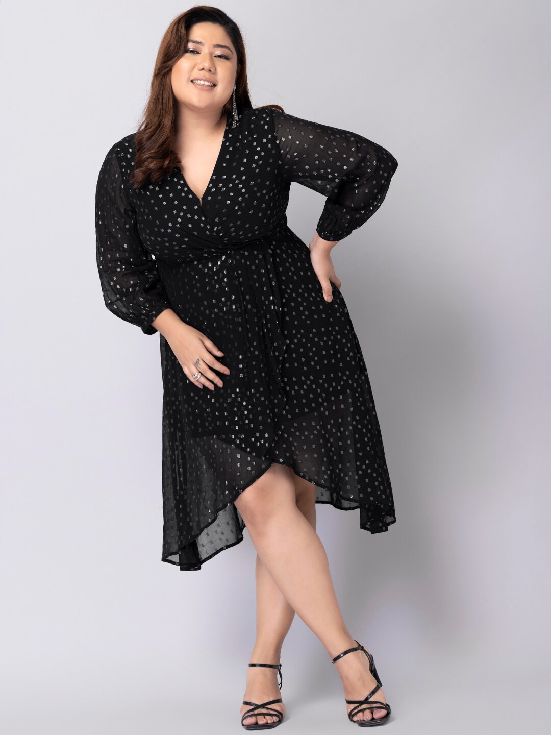 

FabAlley Curve Plus Size Self Design Long Sleeve Asymmetric Dress, Black