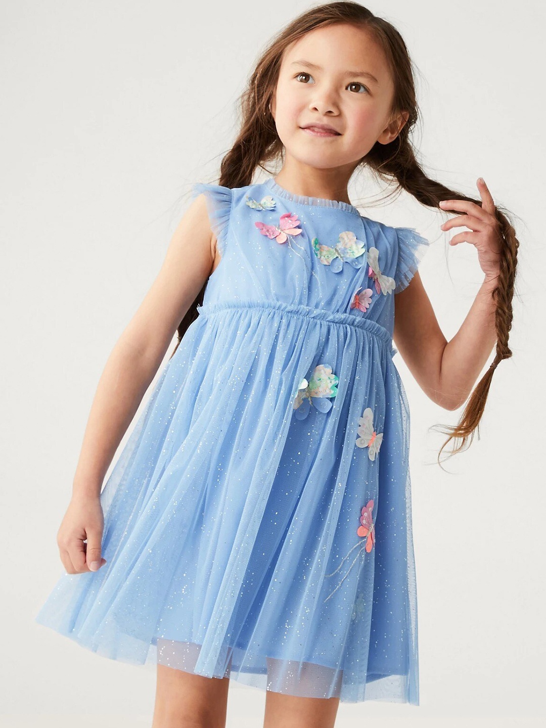 

Marks & Spencer Girls Sleeveless Frill Detail Butterfly Applique Net Dress, Blue