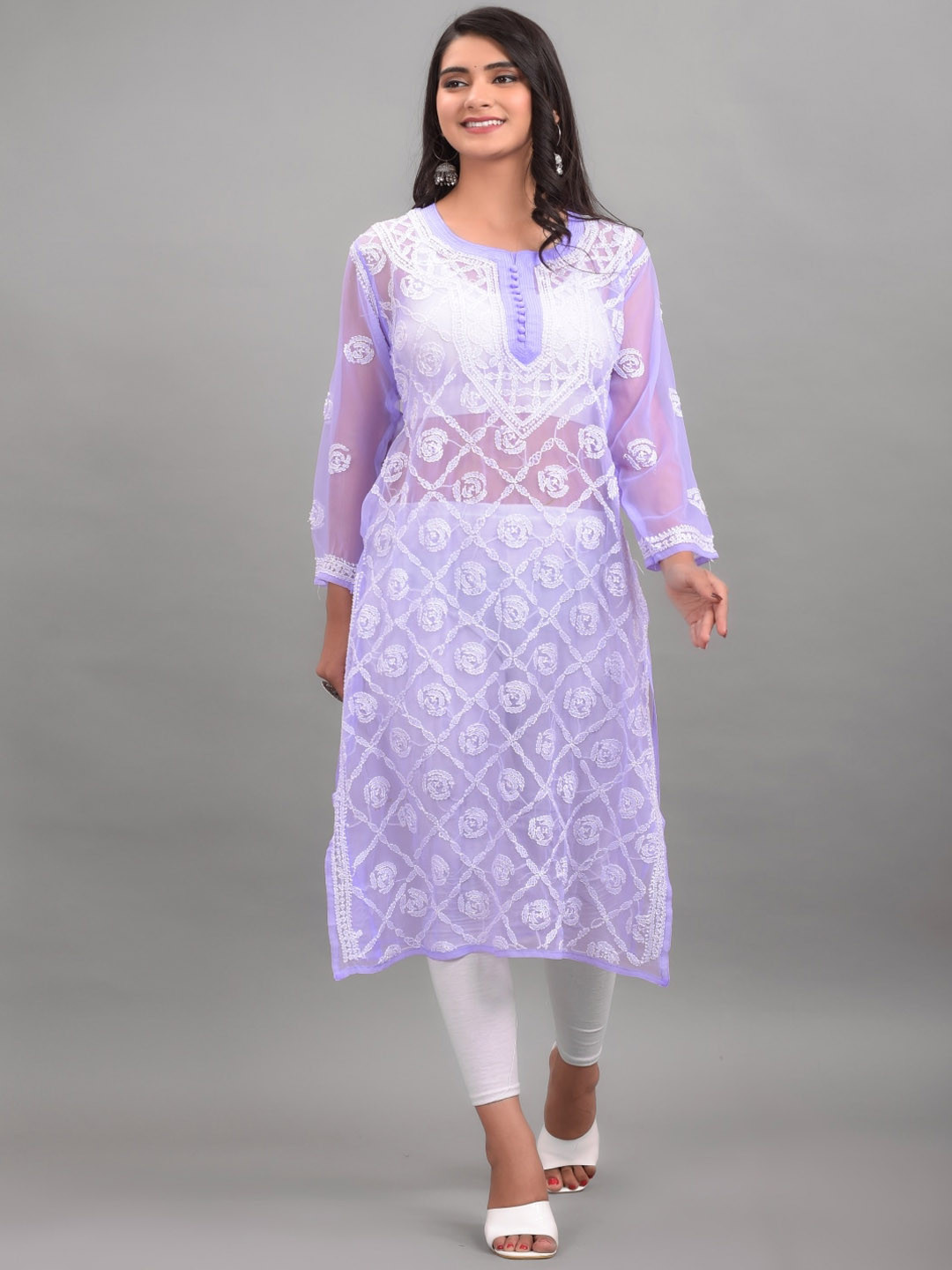

Apratim Ethnic Motifs Embroidered Chikankari Georgette Kurta, Mauve