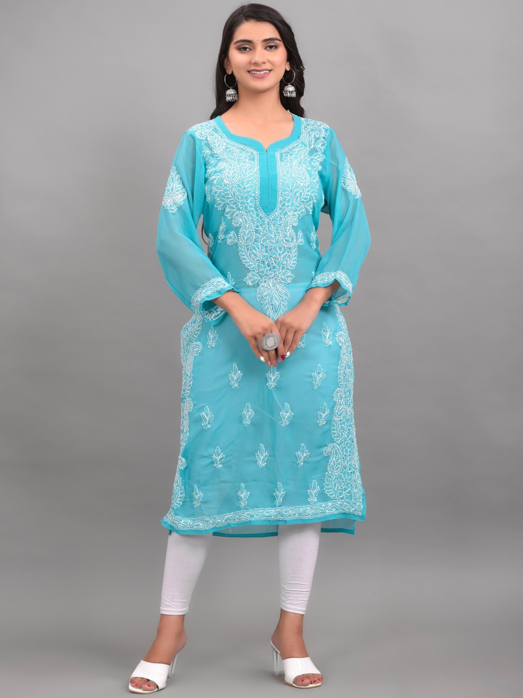 

Apratim Ethnic Motifs Embroidered Chikankari Georgette Kurta, Sea green