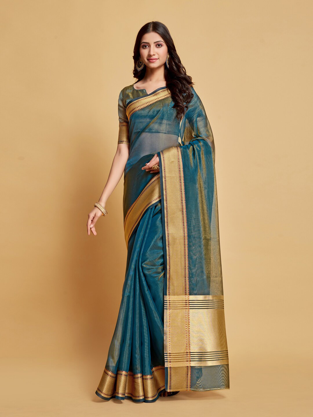 

GAJARAI Zari Organza Banarasi Saree, Teal