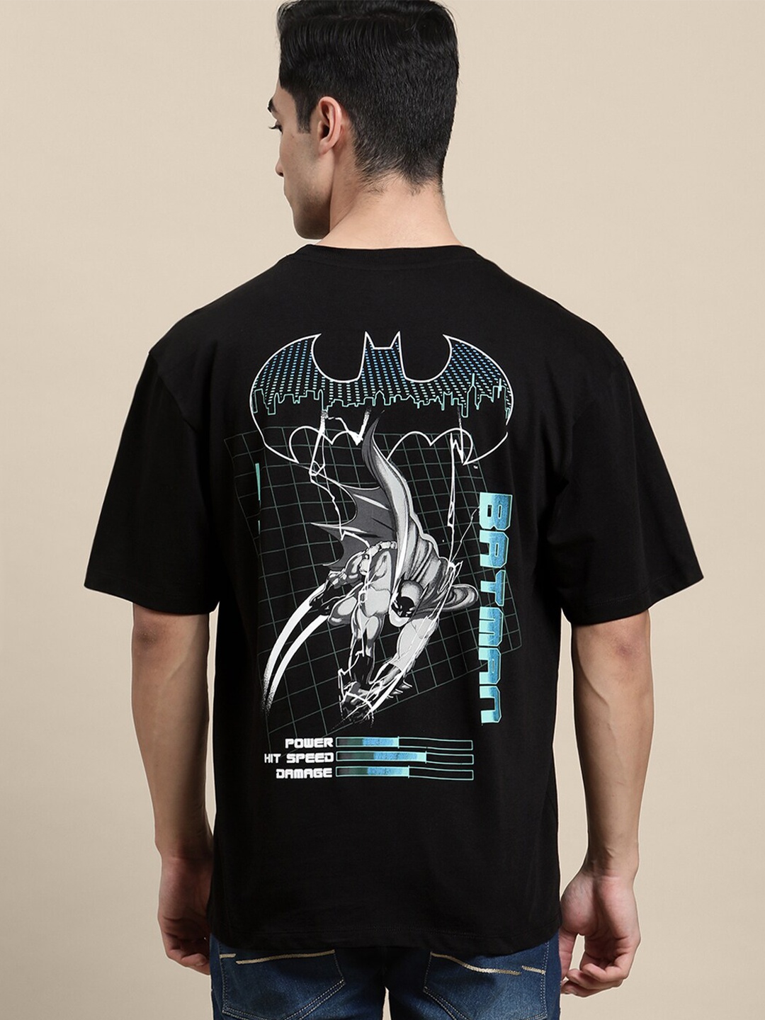 

Free Authority Batman Printed Drop-Shoulder Sleeves Cotton Loose Fit T-Shirt, Black