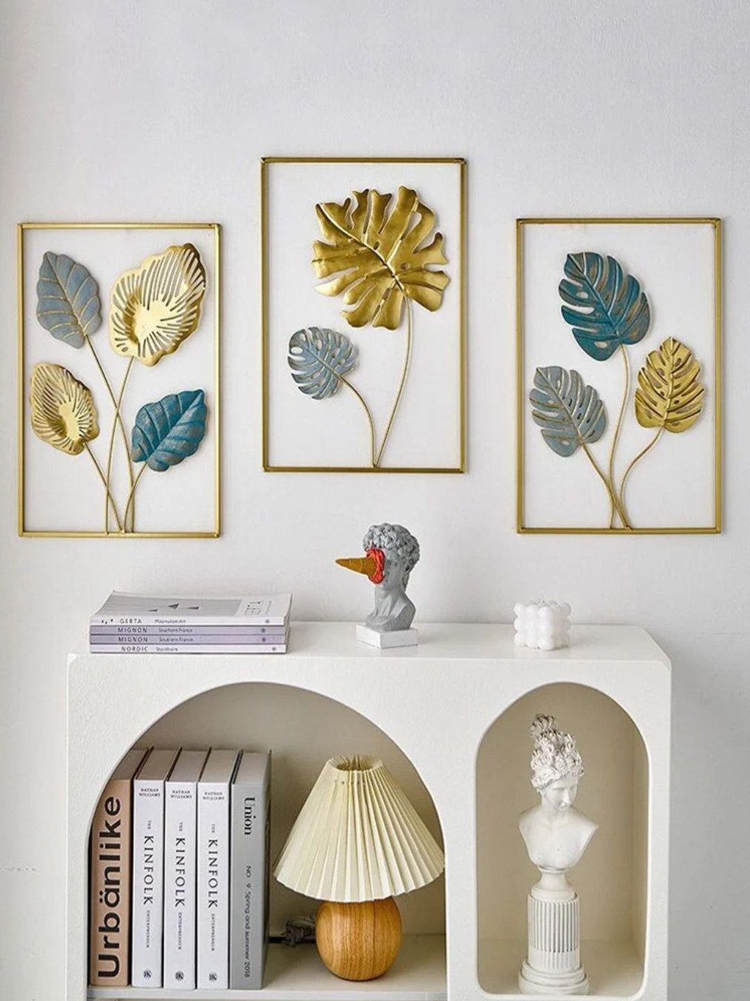 

The Art House 3 Pcs Gold-Toned & Teal Blue Textured Metal Leaves Wall Decor