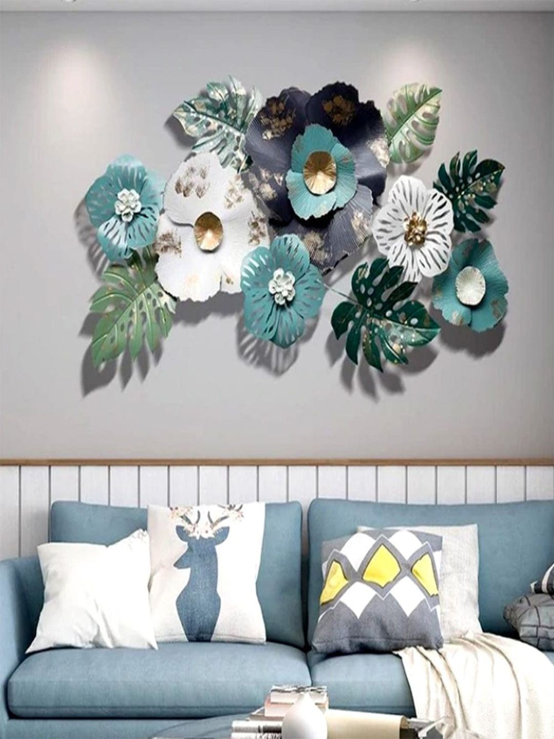 

The Art House Teal Blue & White Textured Natural Leaves Metal Wall Decor