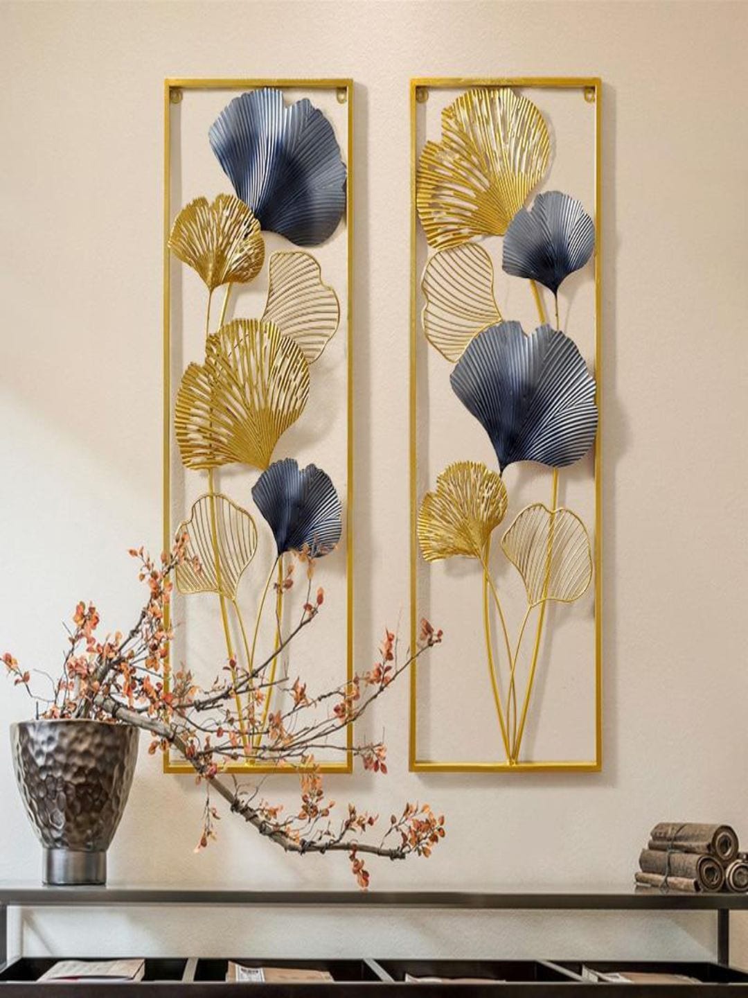 

The Art House Gold-Toned & Blue 2 Pieces Textured Leaves Framed Metal Wall Decor