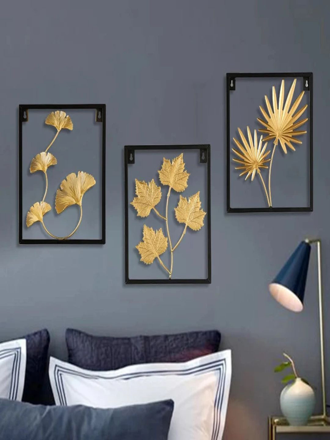 

The Art House Gold-Toned & Black 3 Pieces Leaf Design Metal Framed Wall Art