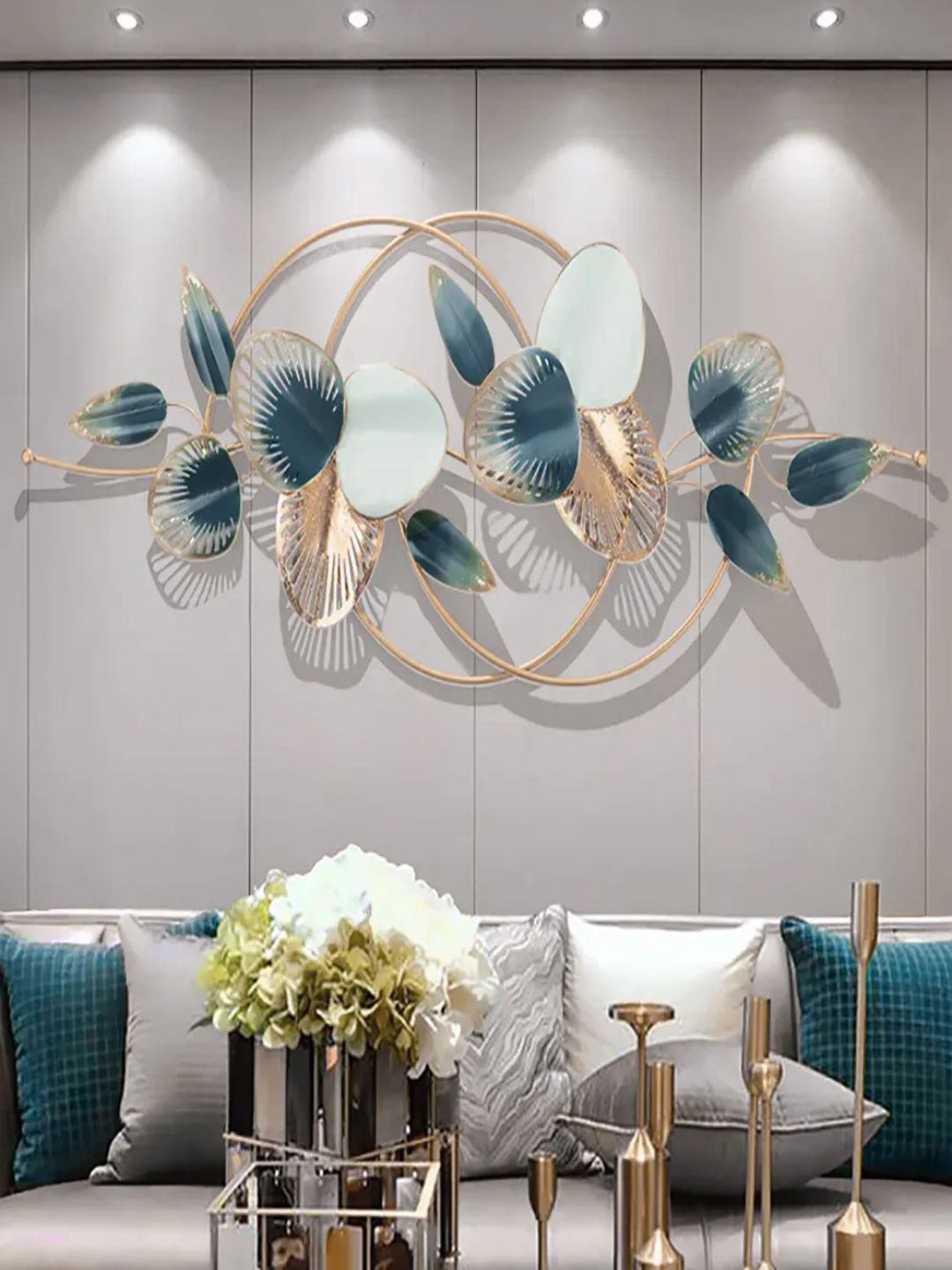 

The Art House Gold-Toned & Blue Leaves Design Metal Wall Decor