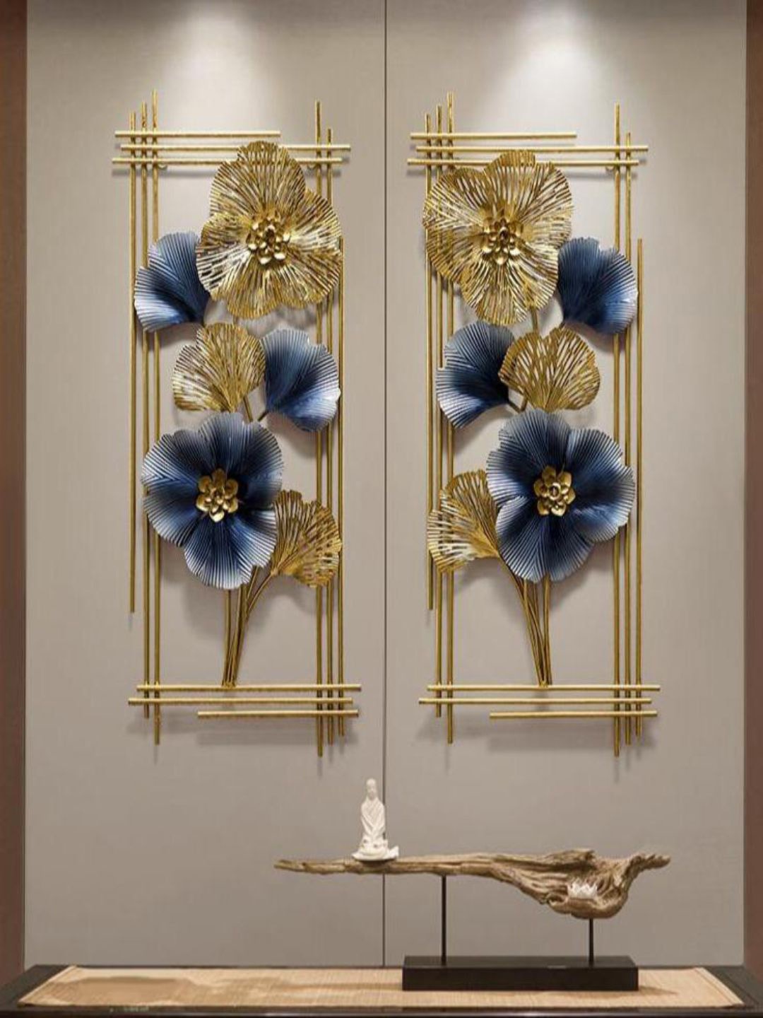 

The Art House 2 Pcs Gold-Toned & Blue Textured Floral Twin Frame Metal Wall Decor