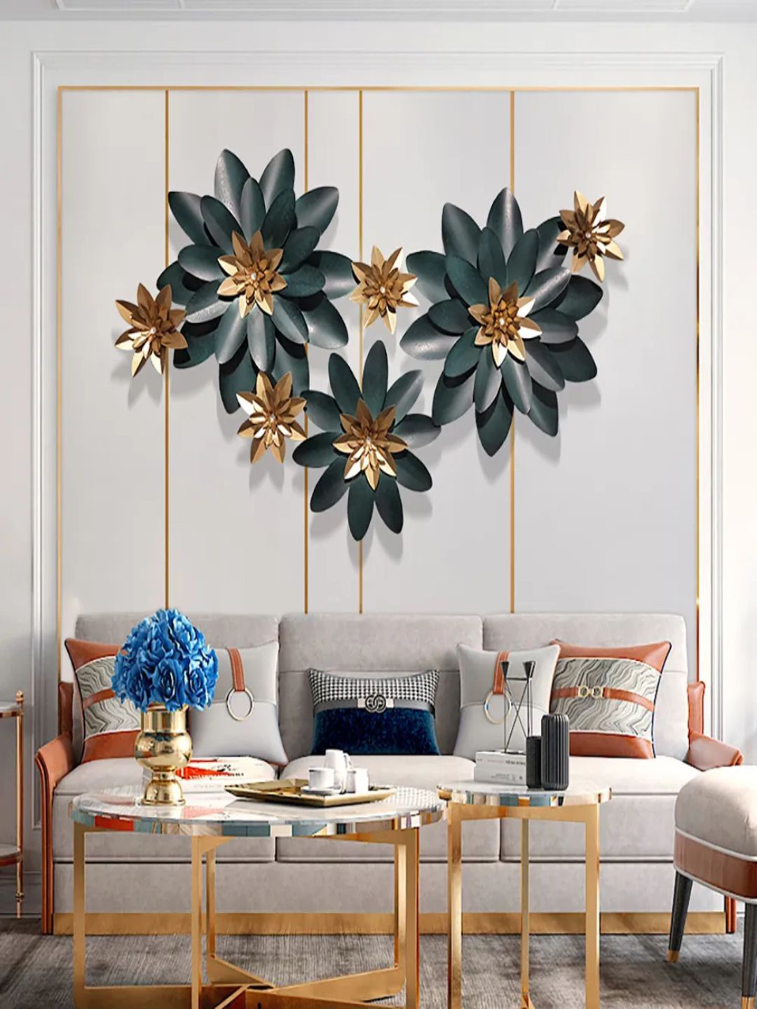 

The Art House Blue & Gold-Toned Lotus Flowers Iron Frame Wall Art