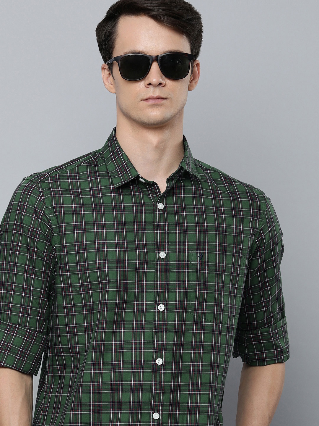 

Indian Terrain Chiseled Slim Fit Checked Pure Cotton Casual Shirt, Green