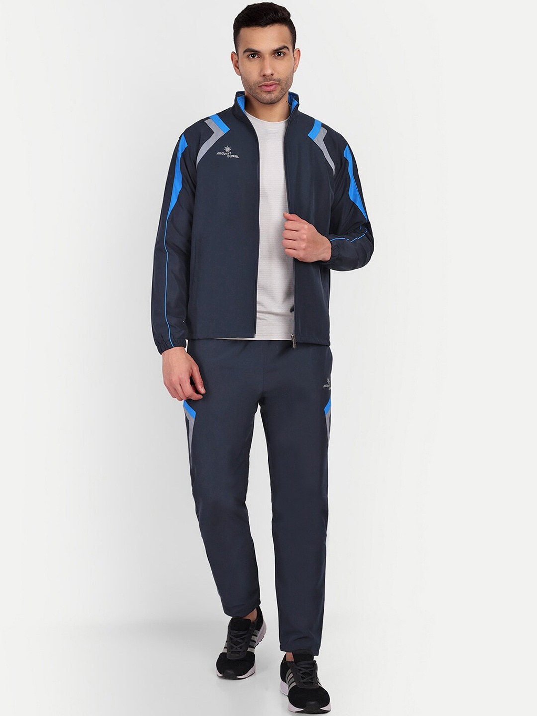 

SPORT SUN Men Long Sleeves Mid-Rise Mock Collar Sports Track suits, Navy blue