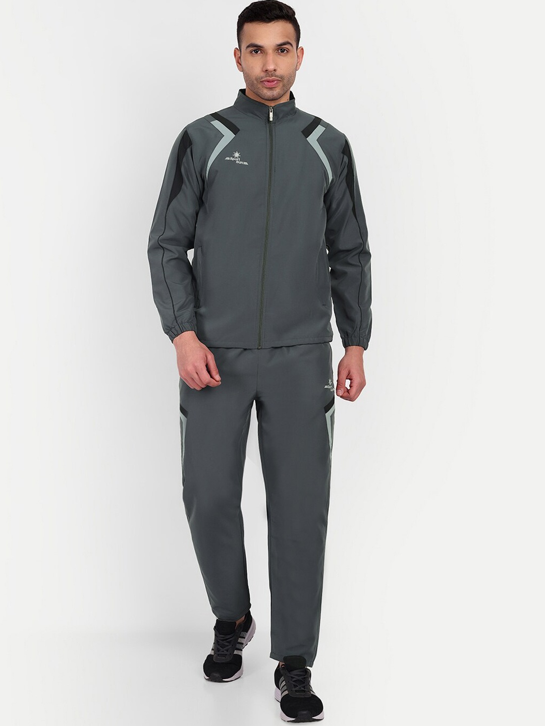

SPORT SUN Men Striped Mock Collar Long Sleeves Sports Tracksuit, Grey