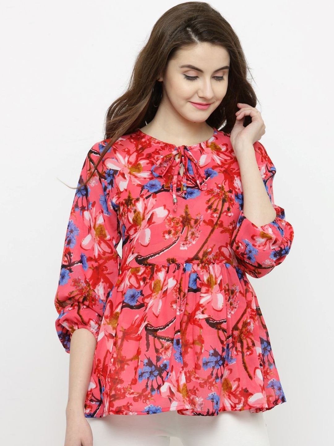 

Sera Floral Print Tie-Up Neck Georgette Empire Top, Pink