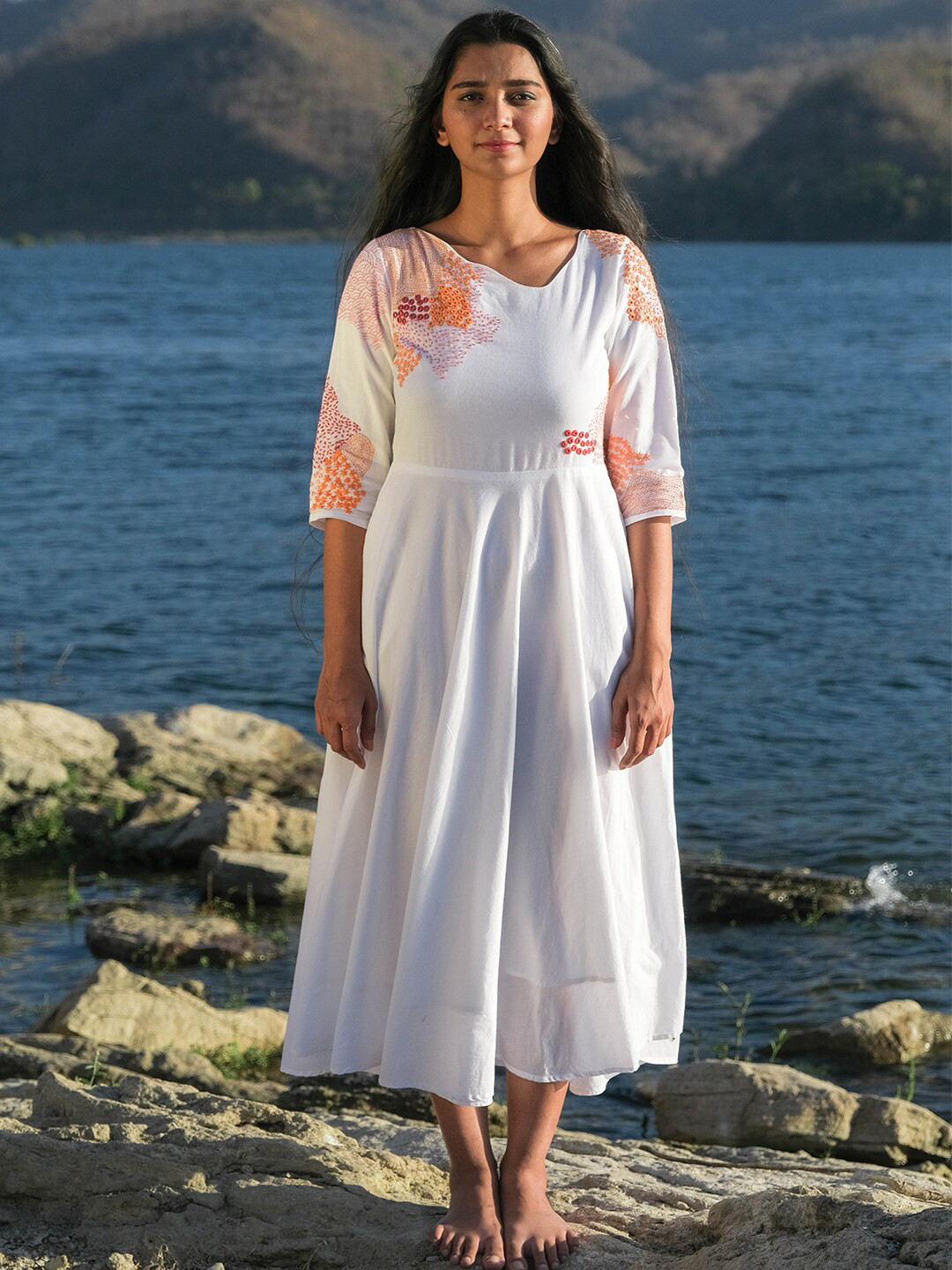 

OKHAI Embroidered Pure Cotton Fit & Flare Dress, White