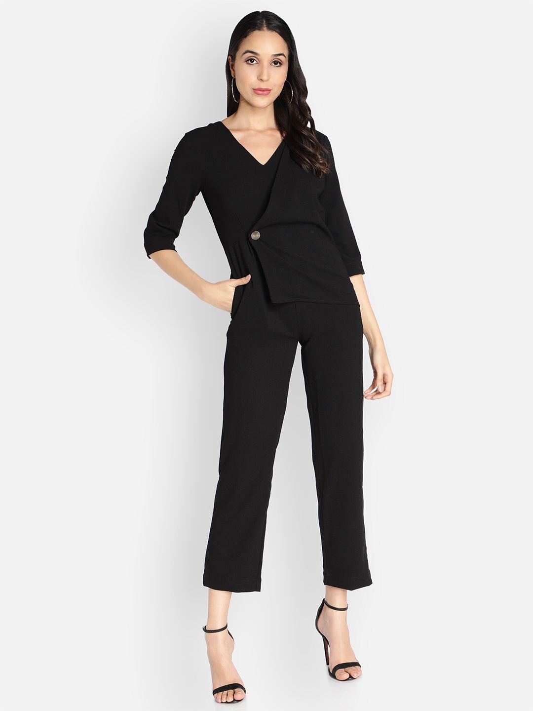 

Sipsew V-Neck Basic Jumpsuit with Layered, Black