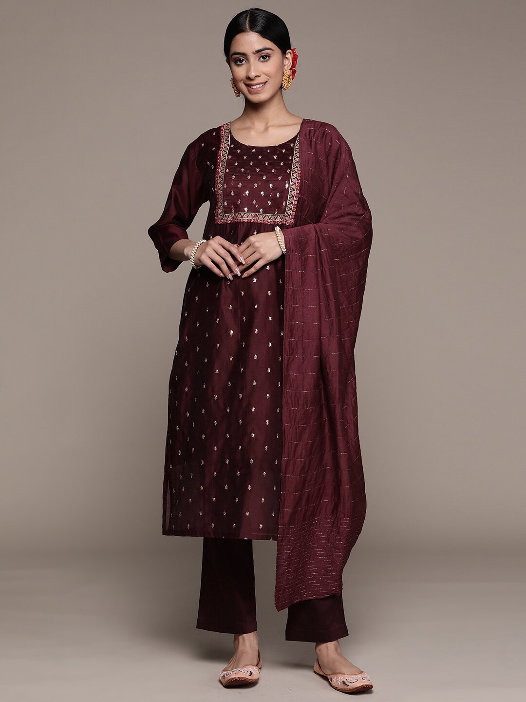 

Ishin Ethnic Motifs Embroidered Sequinned Kurta with Trousers & Dupatta, Maroon