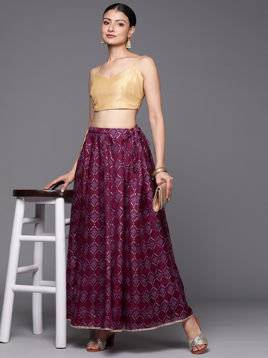 

Varanga Women Bhandhani Printed Kalidar Skirt Embellished With Sequin Border, Purple
