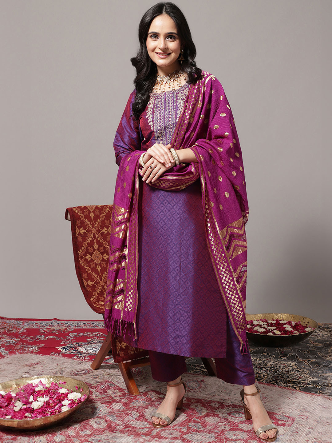 

Varanga Women Zari Embroidered Yoke Geometric Jacquard Kurta with Trouser & Dupatta, Violet