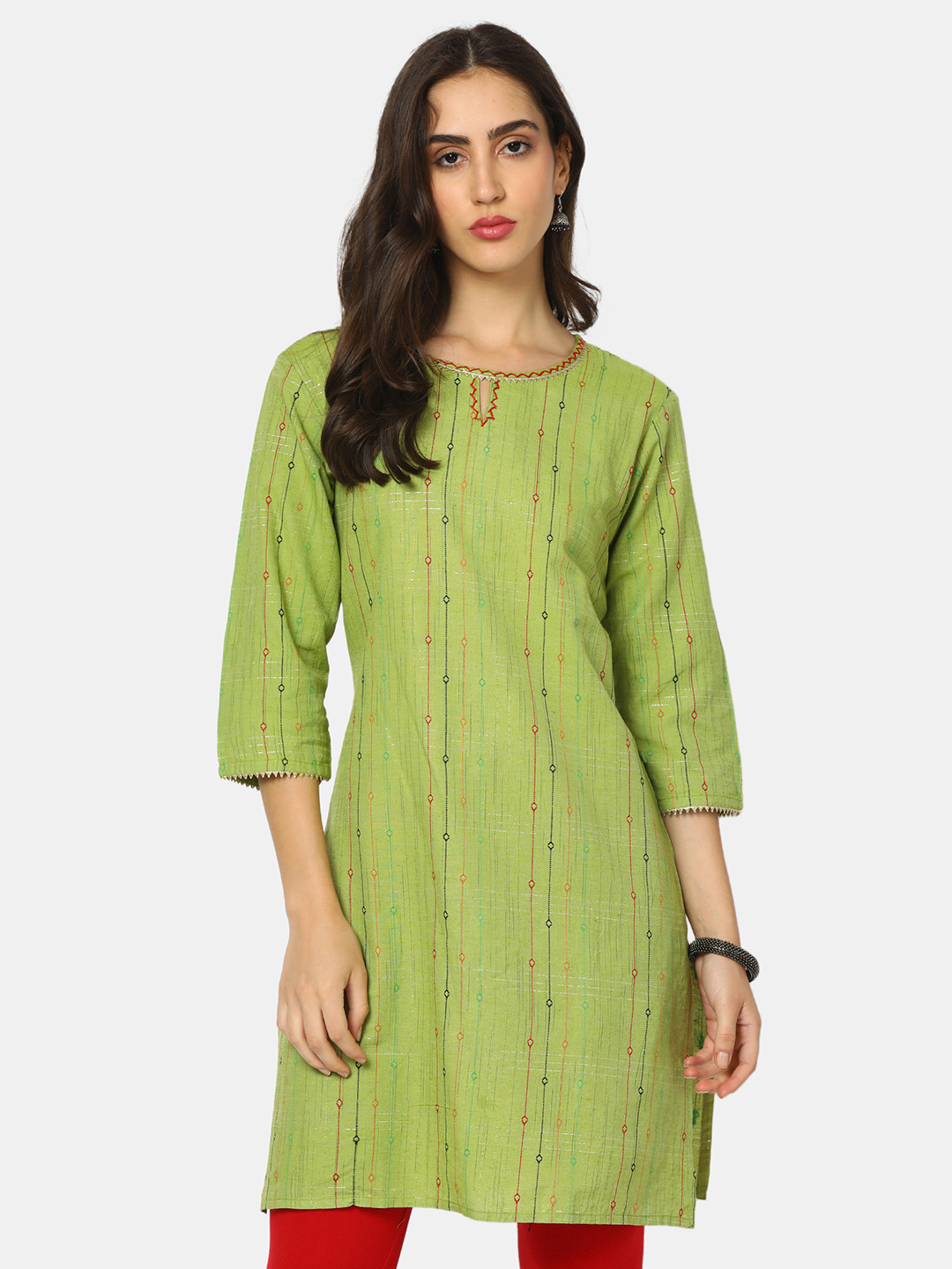 

V-Mart Woven Design Keyhole Neck Thread Work Pure Cotton Kurta, Green