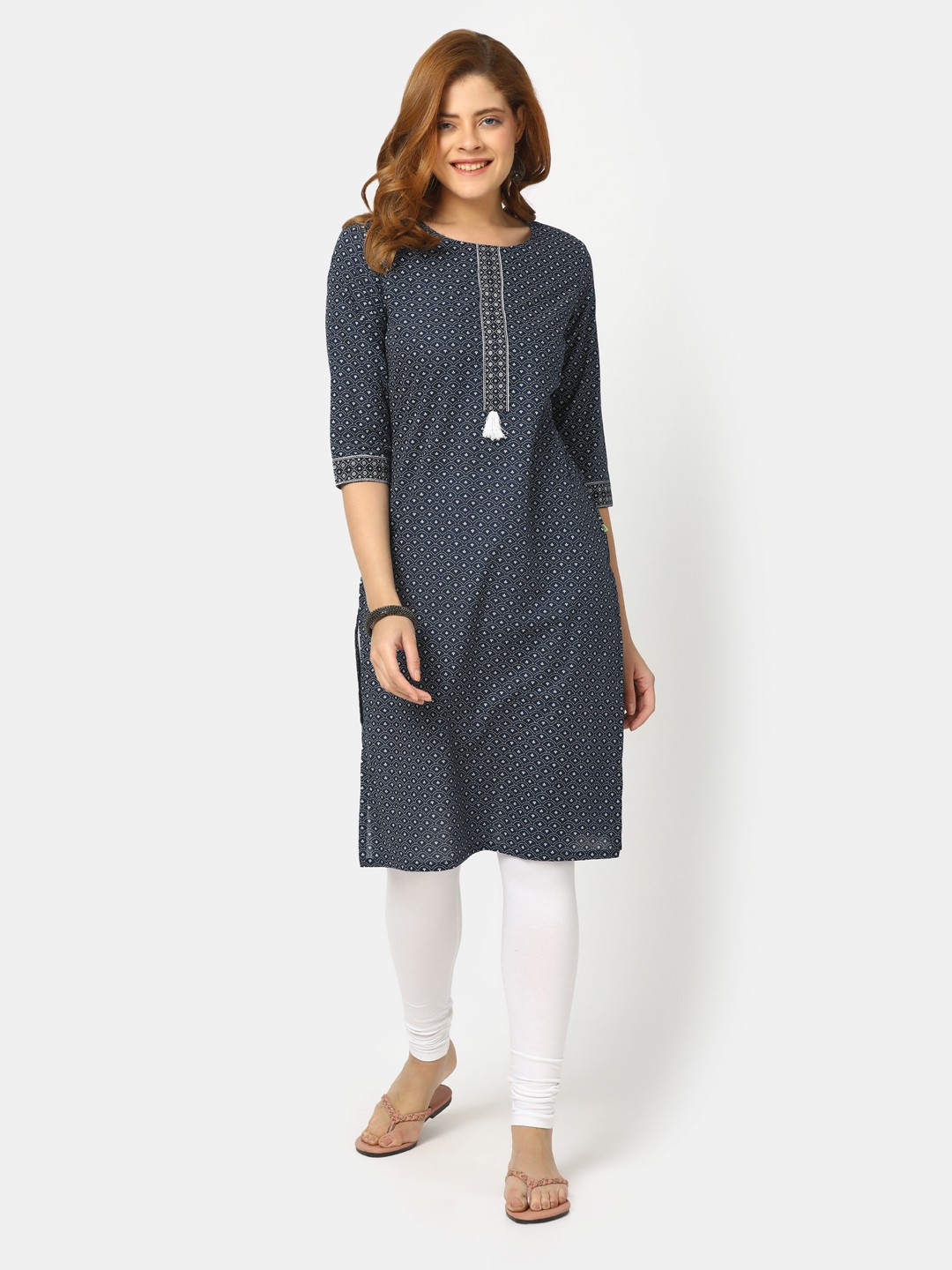 

V-Mart Ethnic Motifs Printed Straight Cotton Kurta, Navy blue