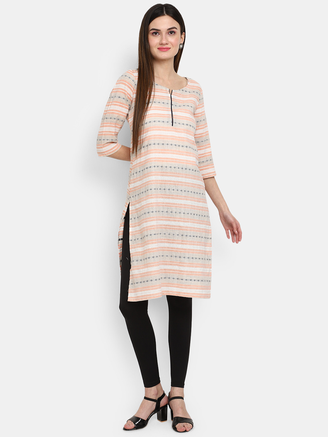 

V-Mart Striped Thread Work Pure Cotton Kurta, Peach