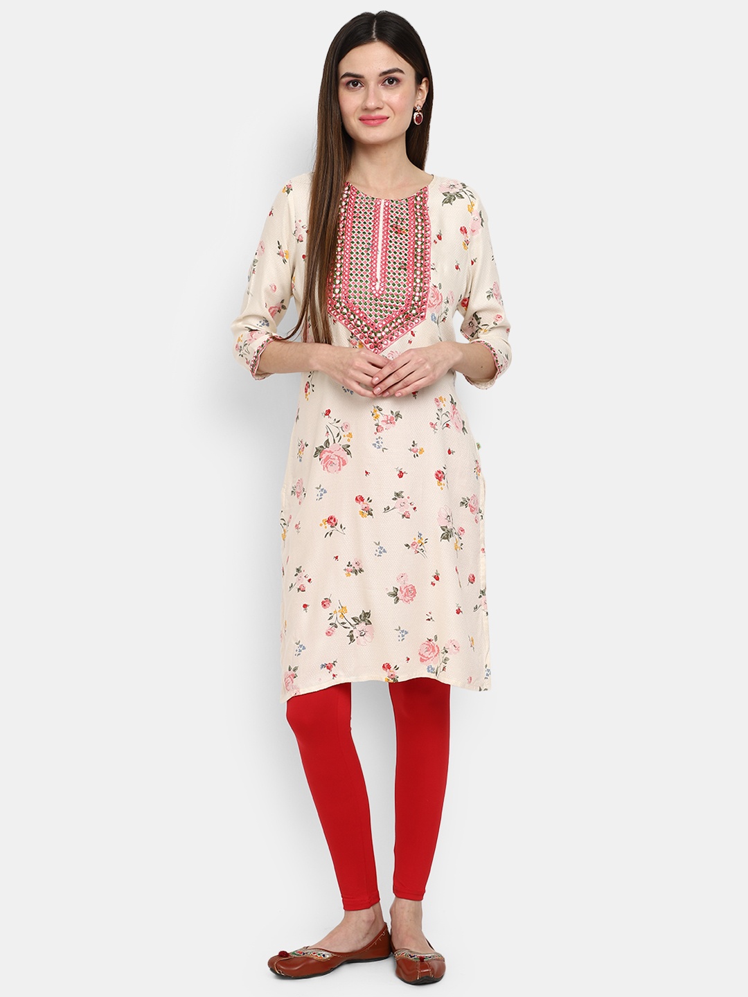 

V-Mart Floral Printed Mirror Work Kurta, White