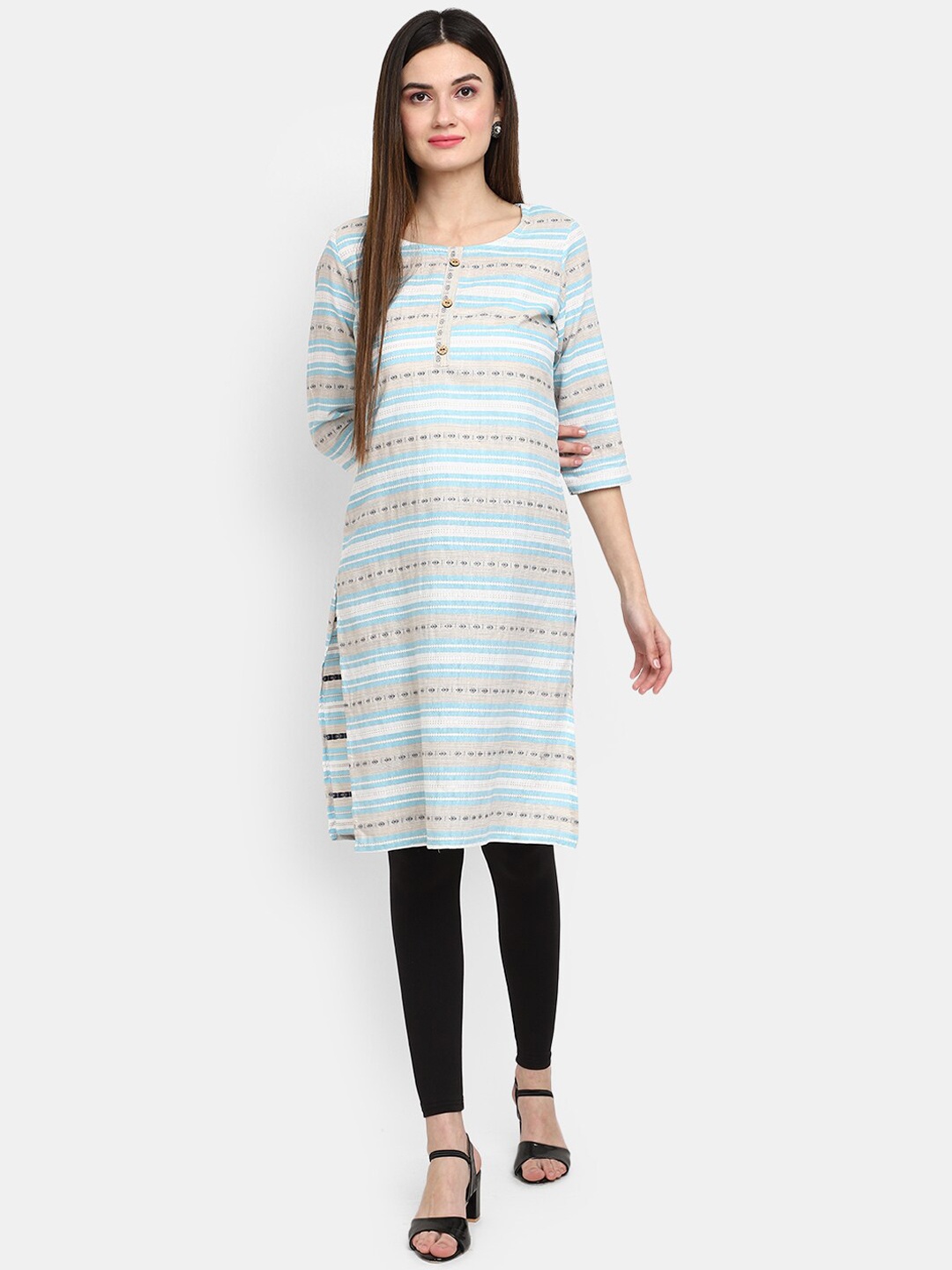 

V-Mart Striped Round Neck Pure Cotton Kurta, Blue