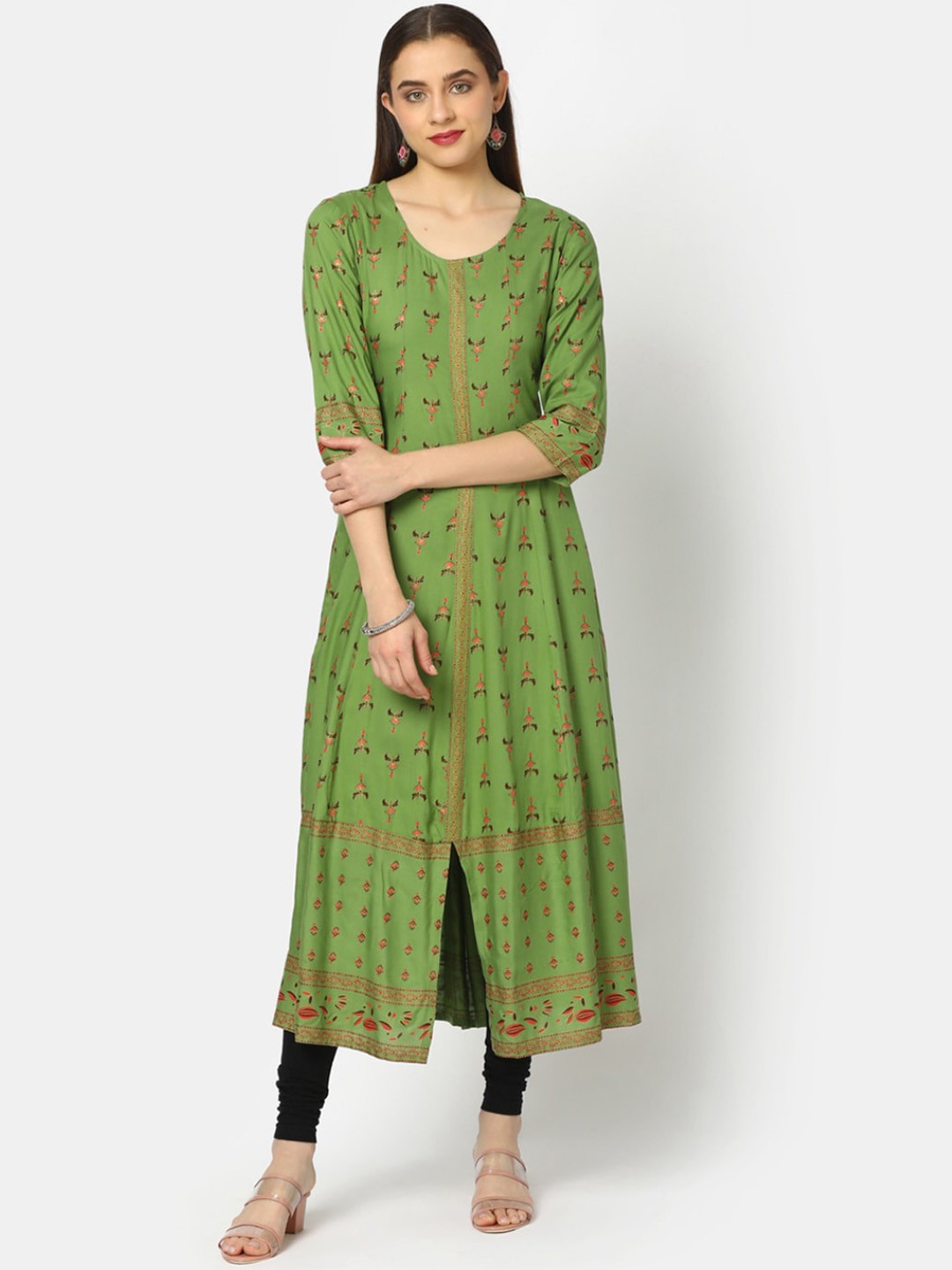 

V-Mart Women Green Quirky Flared Sleeves Thread Work Anarkali Kurta