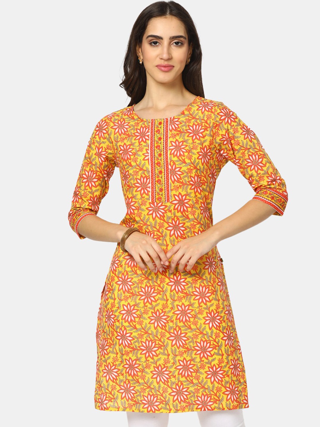 V-Mart Women Yellow Floral Printed Thread Work Kurta