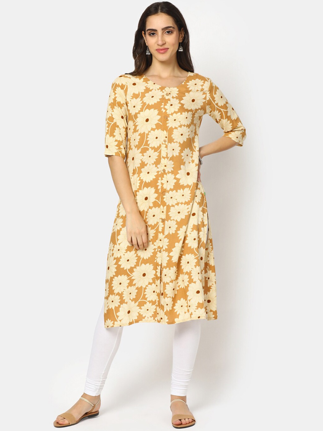 

V-Mart Women Beige Floral Printed Flared Sleeves Kurta