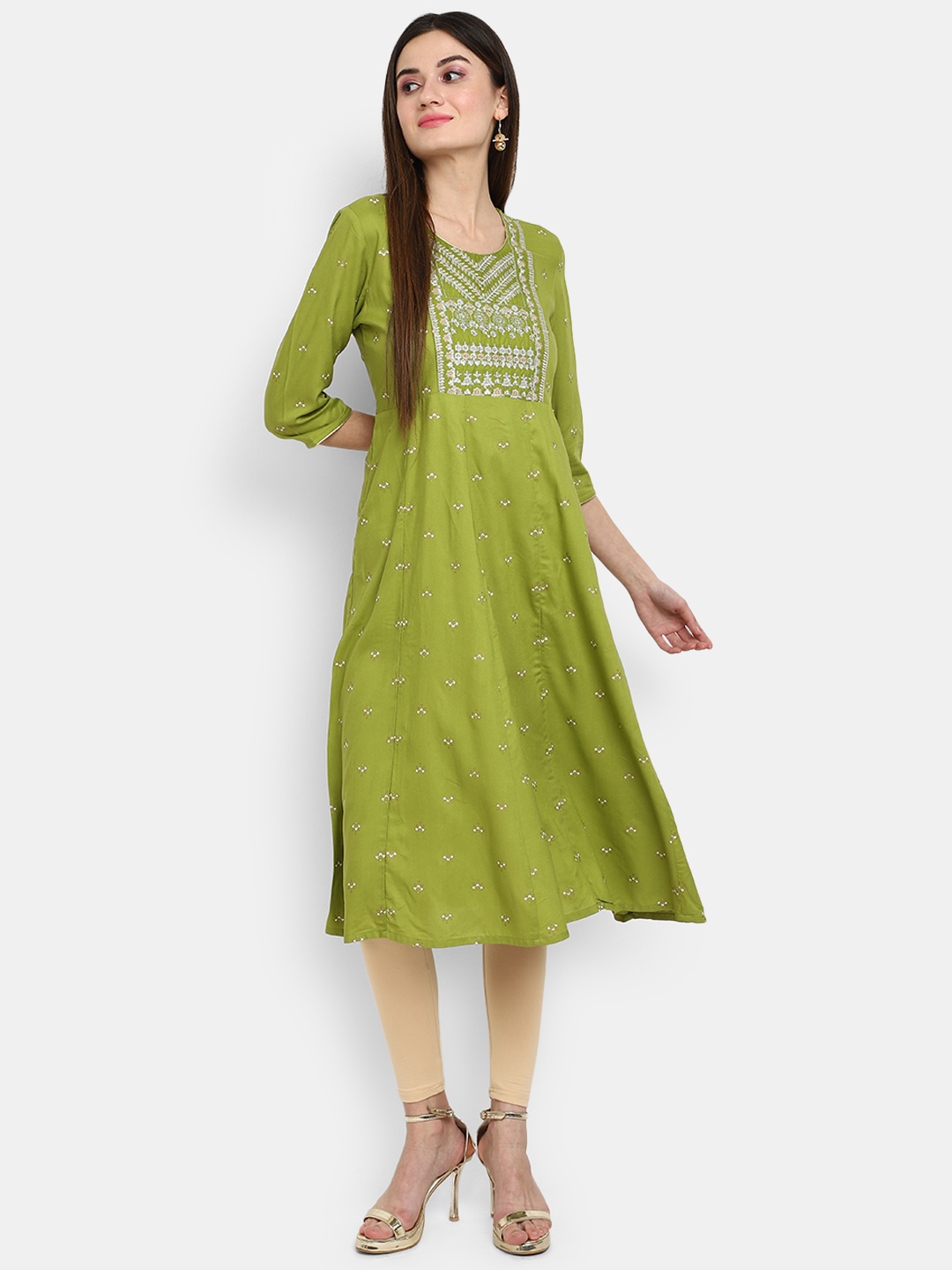 

V-Mart Ethnic Motifs Printed Keyhole Neck Thread Work A-Line Kurta, Green