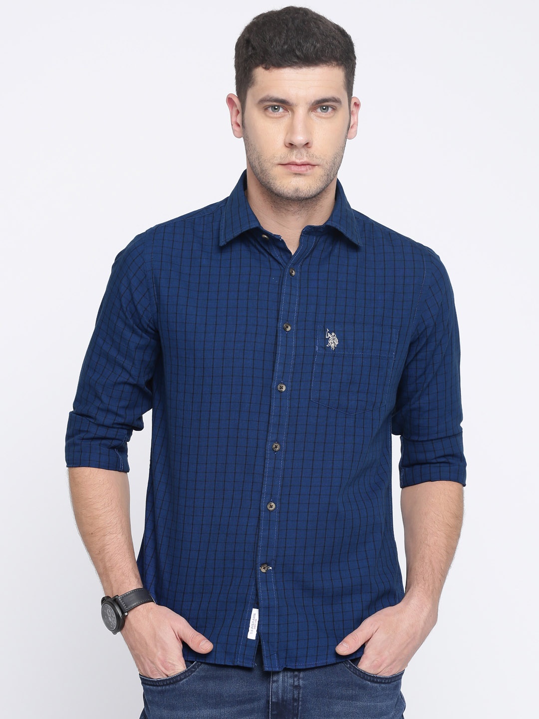 

U.S. Polo Assn. Men Blue & Black Tailored Fit Checked Casual Shirt