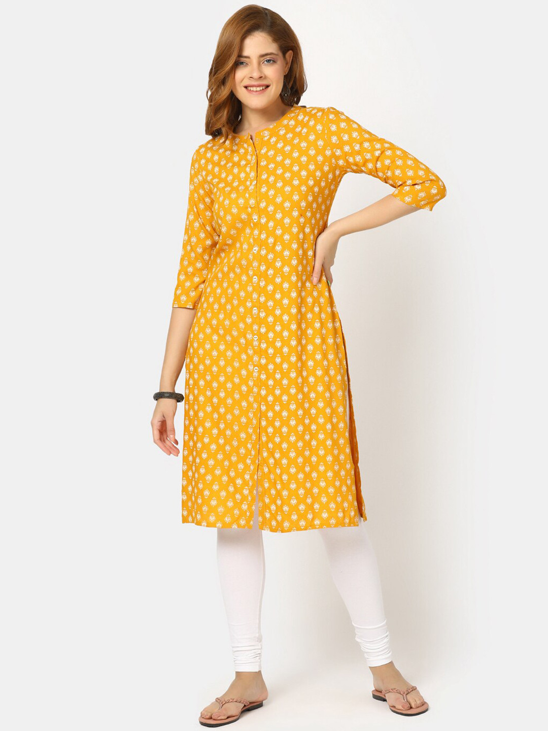 

V-Mart Women Mustard Yellow Ethnic Motifs Printed Flared Sleeves Kurta