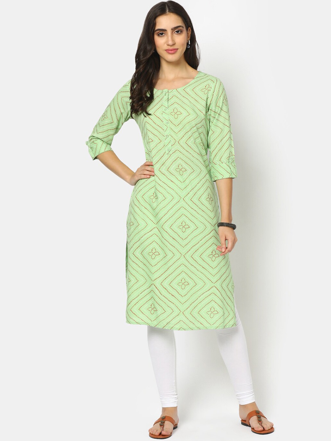 

V-Mart Women Green Geometric Printed Thread Work Kurta