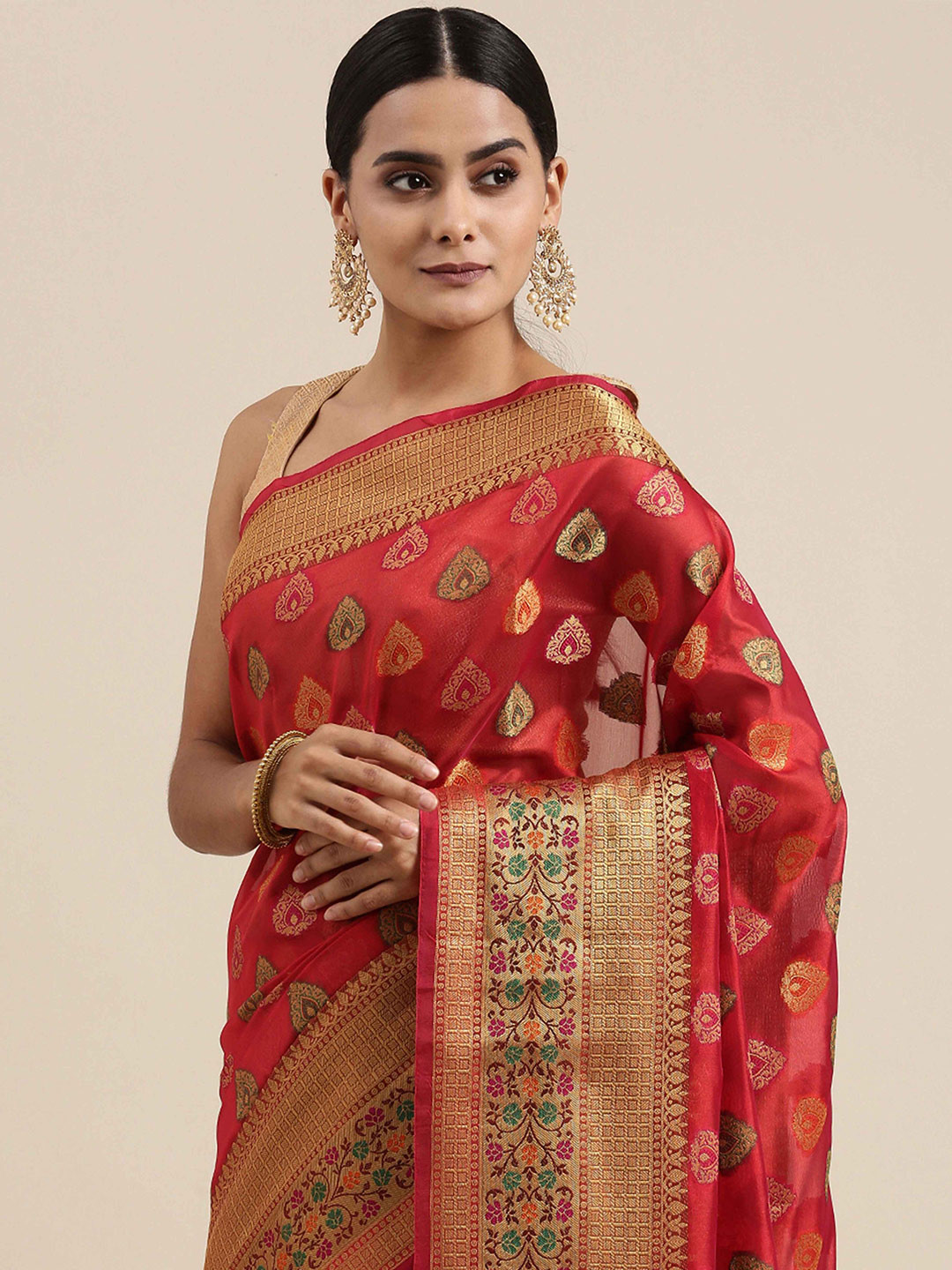 

Sangria Ethnic Woven Design Organza Saree, Red