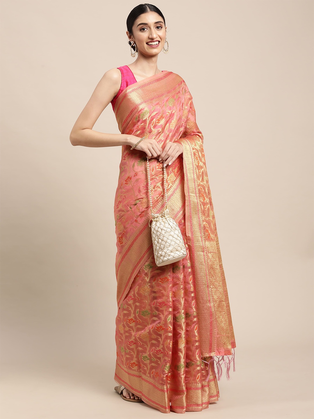 

Sangria Floral Woven Design Organza Saree, Pink