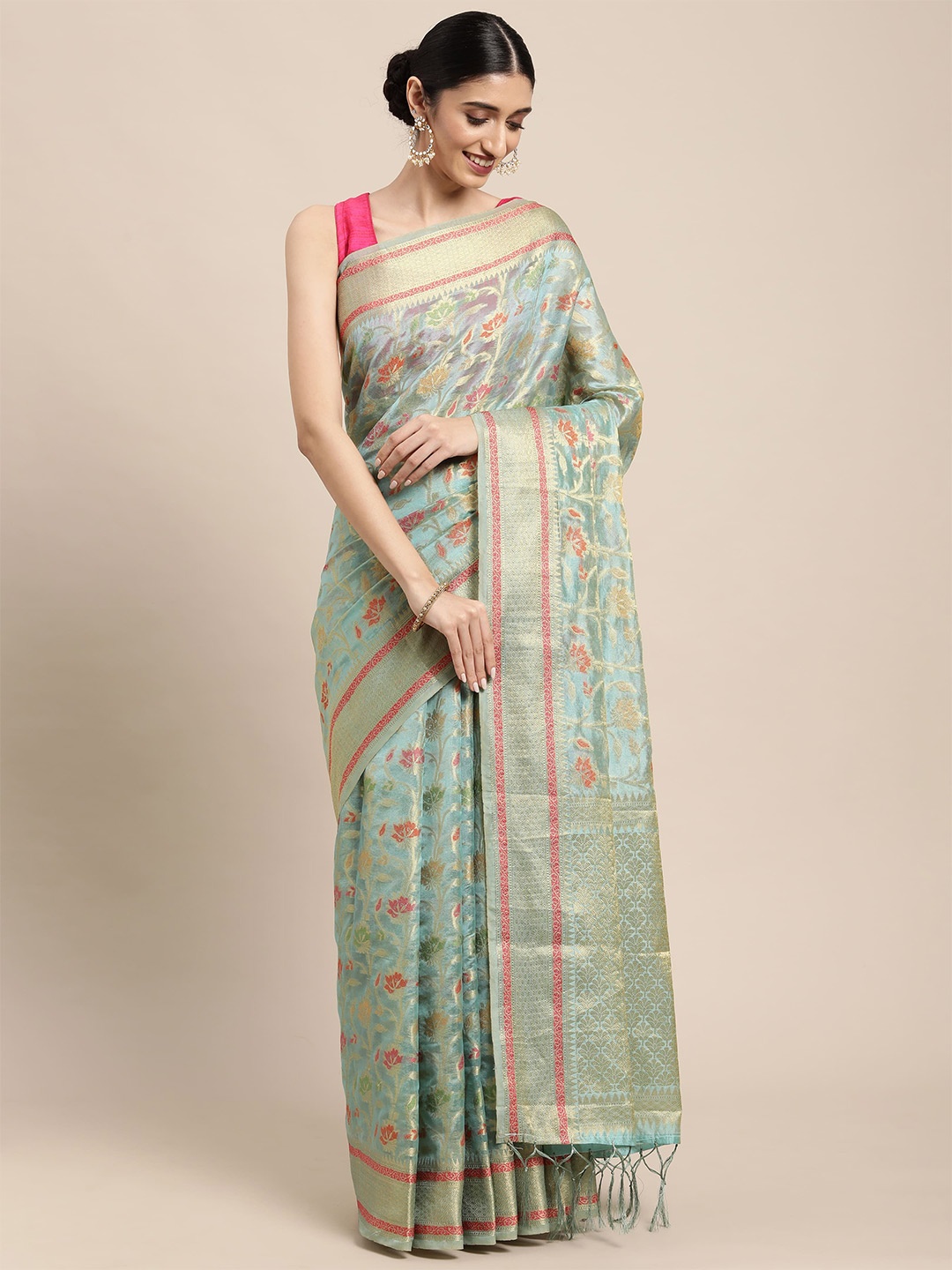 

Sangria Floral Woven Design Zari Organza Saree, Sea green